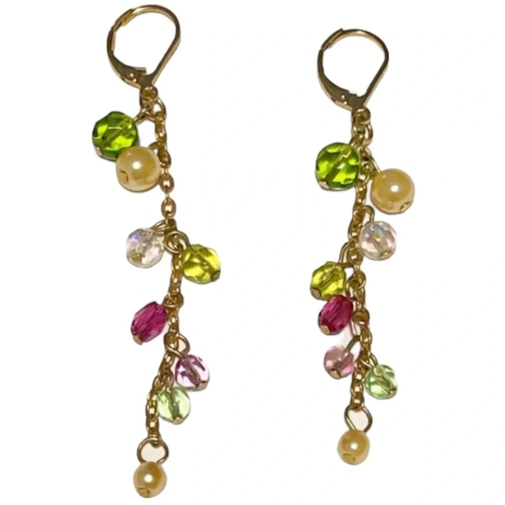 Vintage gold colorful beaded pearl drop earrings